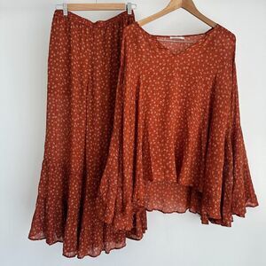 Mes Demoiselles Matching Set 38 40 Rustic Silk Boho Flowy Blouse Wide Leg Pants